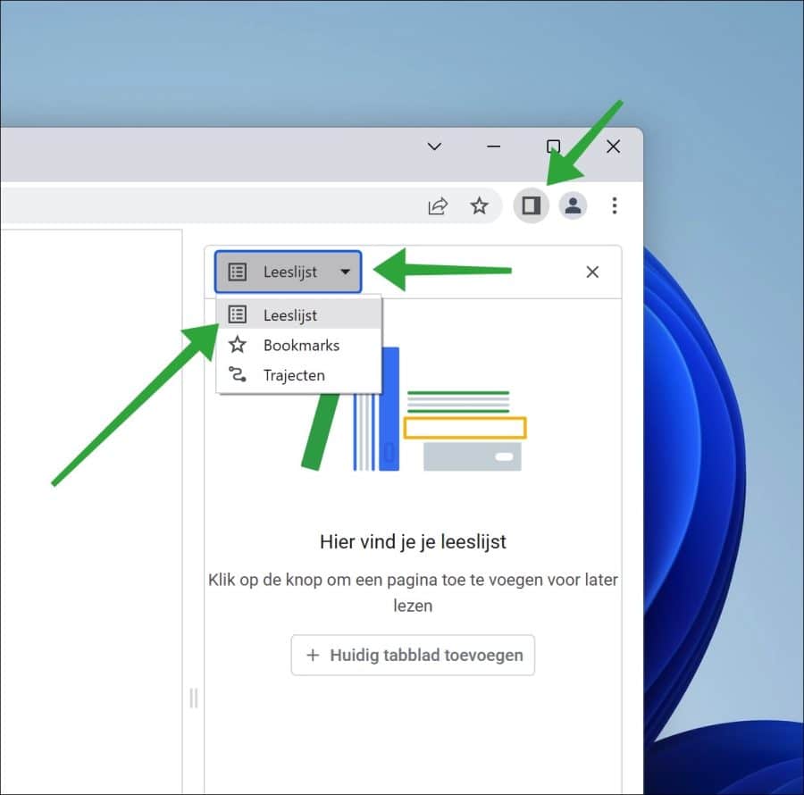 Leeslijst openen in Google Chrome browser