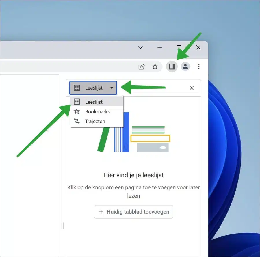 Leeslijst openen in Google Chrome browser