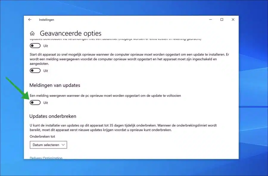 Meldingen van updates uitschakelen in Windows 10