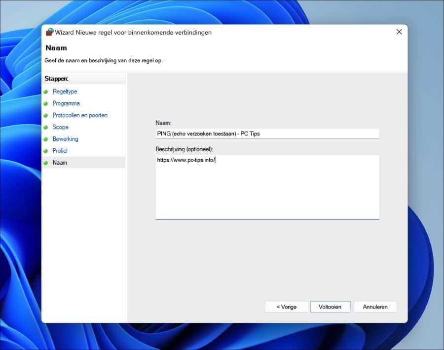 Naam en omschrijving voor nieuwe ping firewall regel
