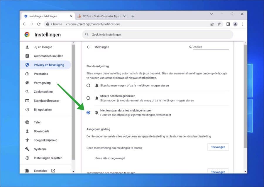 Niet toestaan dat sites meldingen sturen in Google Chrome