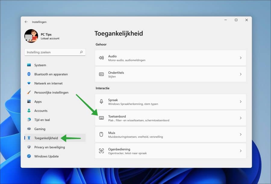 Toegankelijkheid toetsenbord instellingen in Windows 11