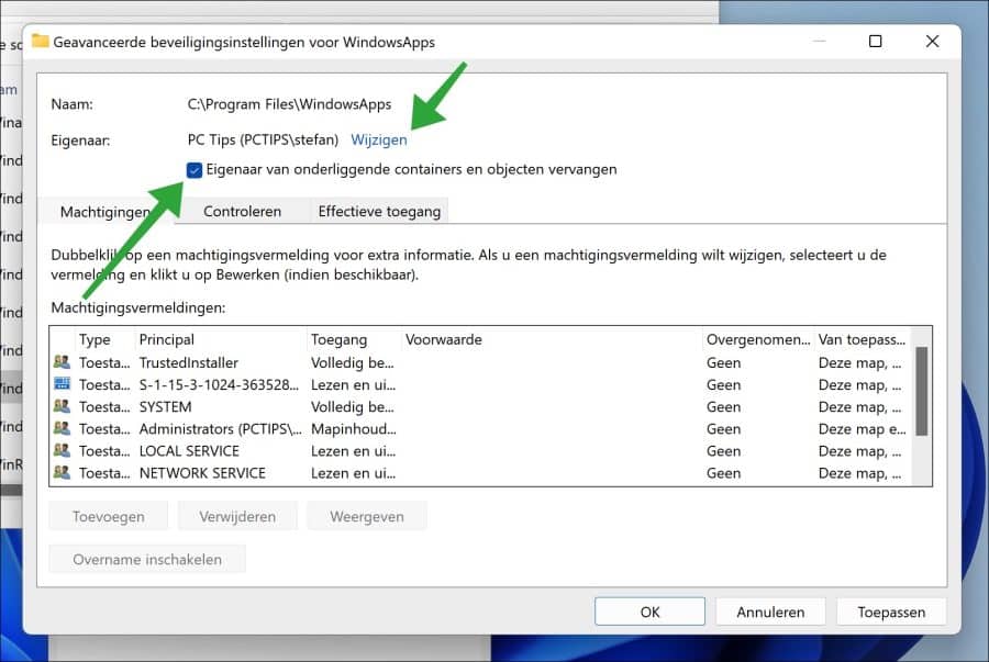 gebruikersaccountnaam eigenaar maken van windowsapps map