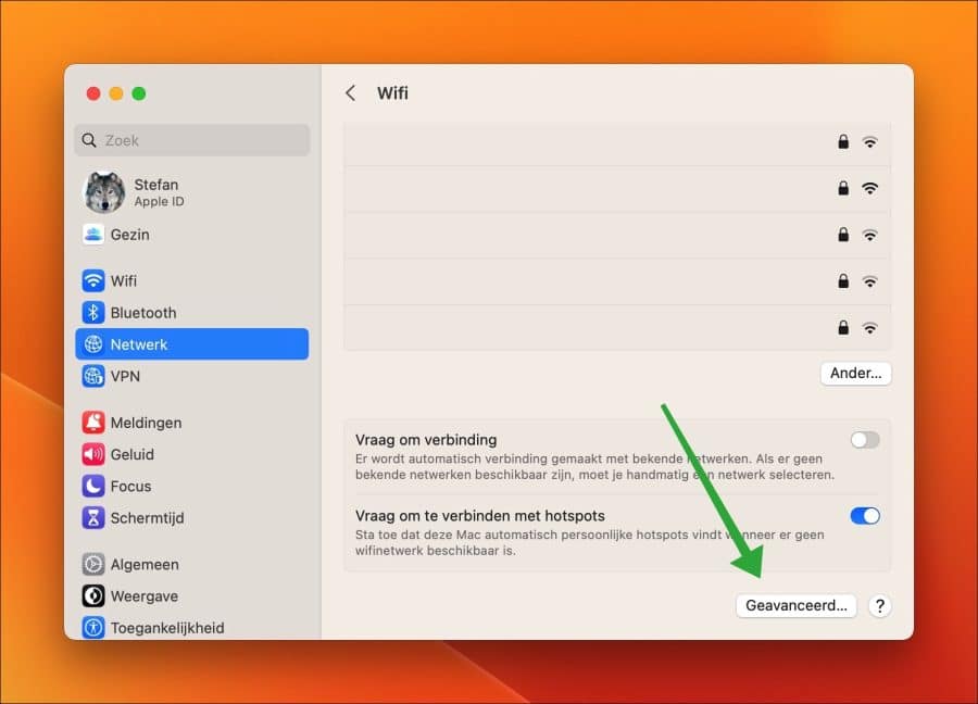 Geavanceerde wifi netwerk instellingen openen