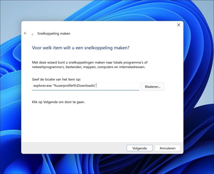 Snelkoppeling naar downloads map aanmaken