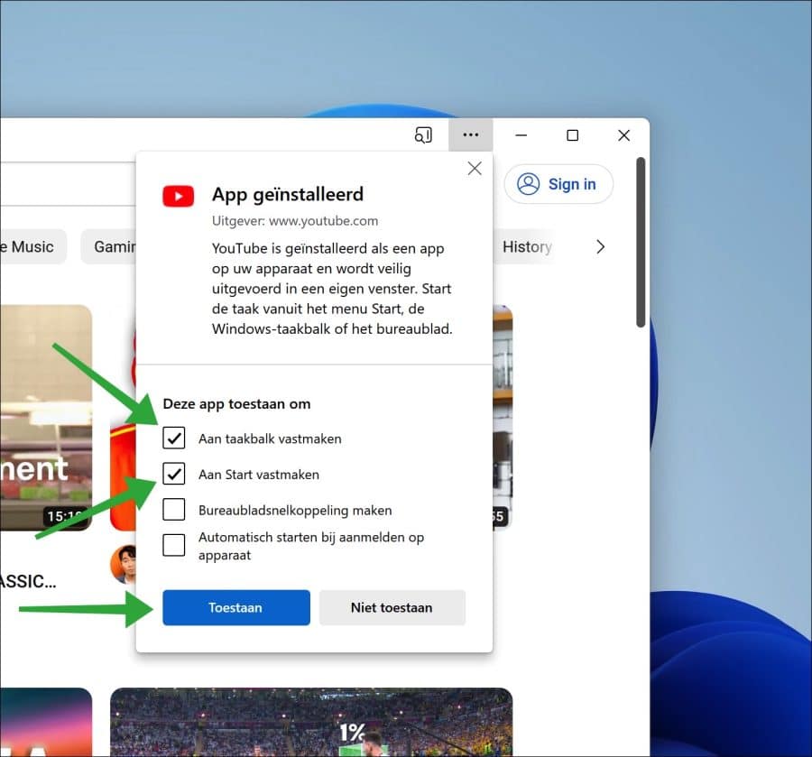 Youtube app vastmaken aan de taakbalk of menu Start