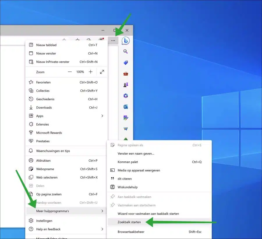 Zoekbalk starten in Windows 10 via de Microsoft Edge browser