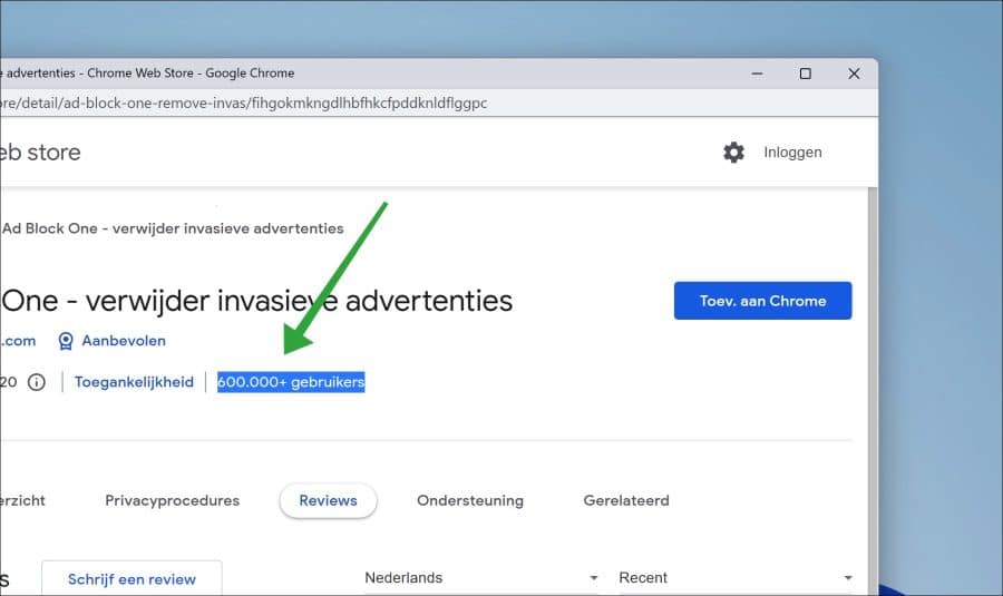 aantal gebruikers van de extensie