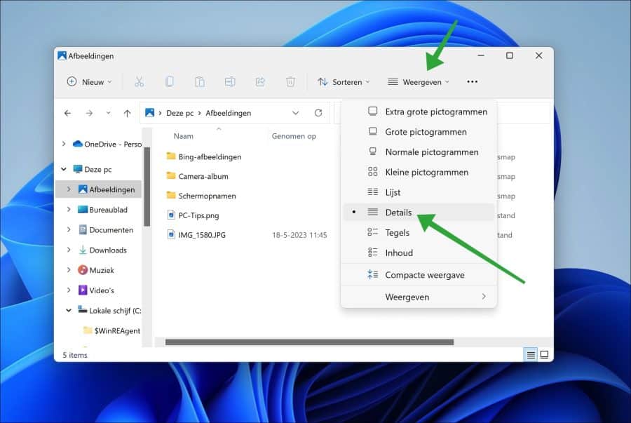 detailsweergave in windows verkenner