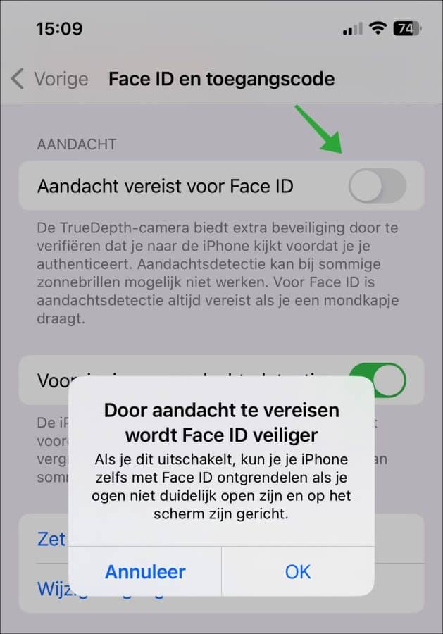 Attention required to disable Face ID