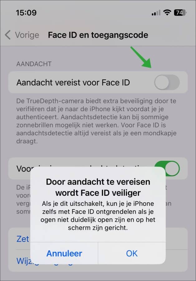 Aandacht vereist voor Face ID uitschakelen