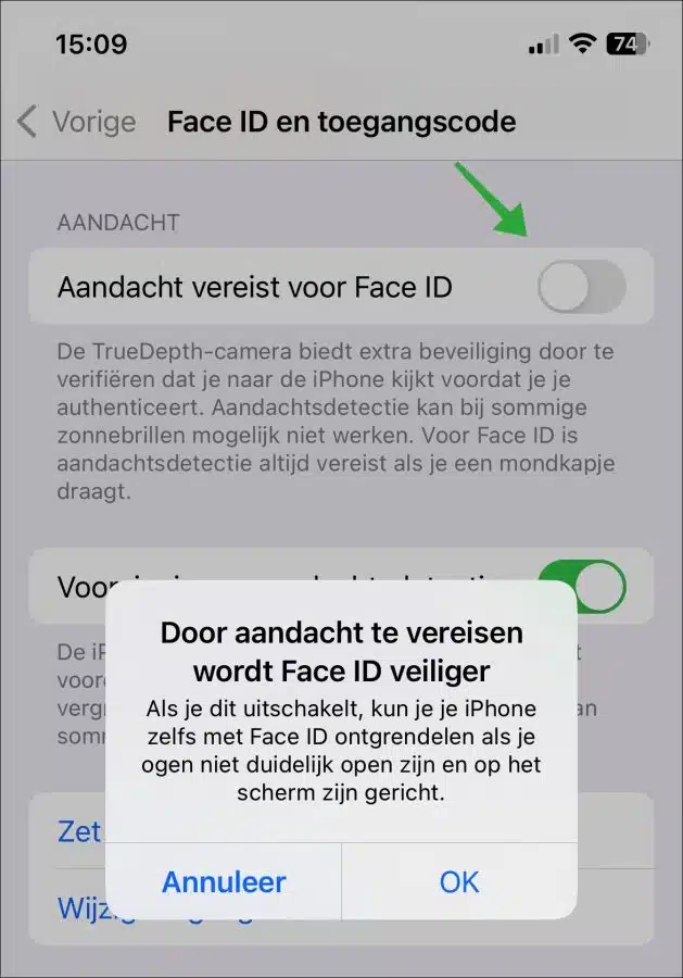 Aandacht vereist voor Face ID uitschakelen