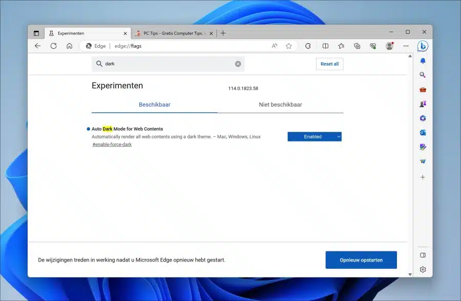Auto Dark Mode for Web Contents experimentele functie in Microsoft Edge
