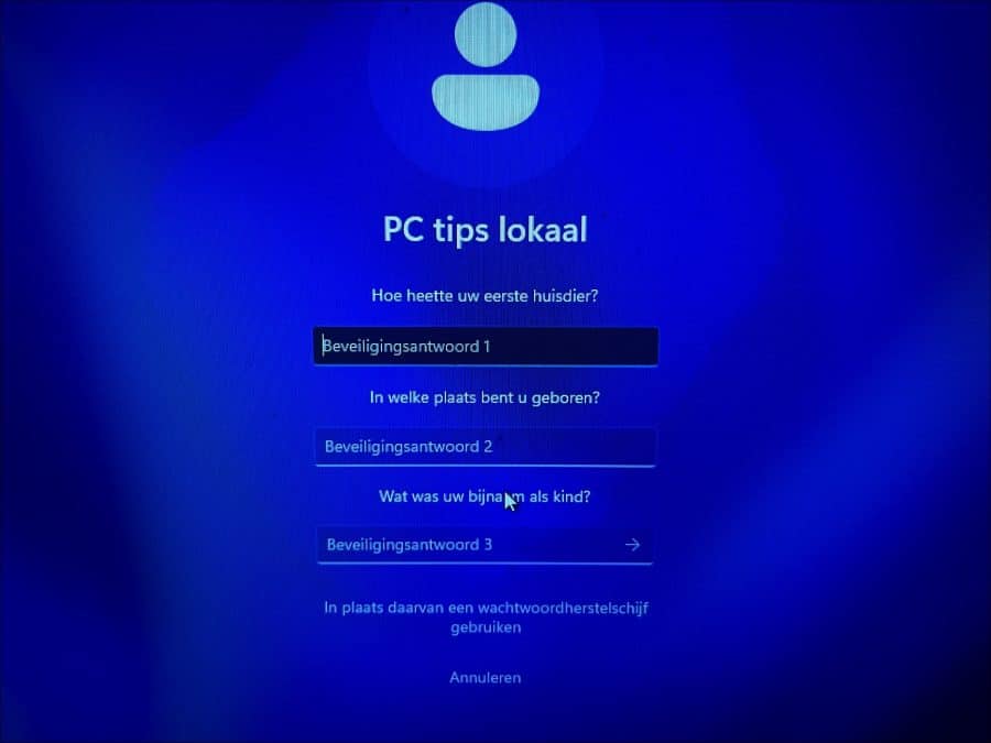 Beveiligingsvragen om toegang te krijgen tot lokaal account