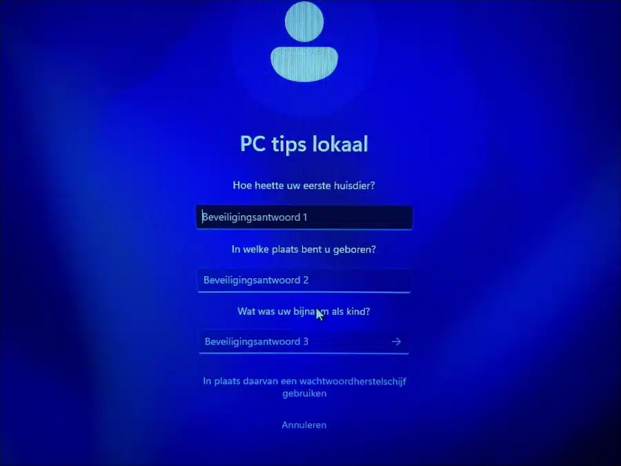 Beveiligingsvragen om toegang te krijgen tot lokaal account