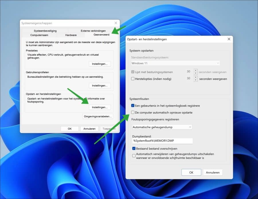 Computer niet automatisch herstarten na een foutmelding of vastloper