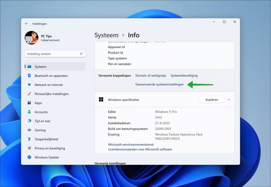 Geavanceerde systeeminstellingen openen