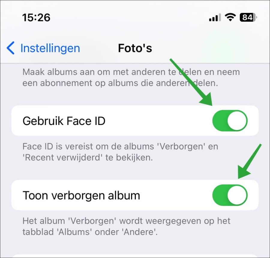 Gebruik Face ID bij openen verborgen album uitschakelen