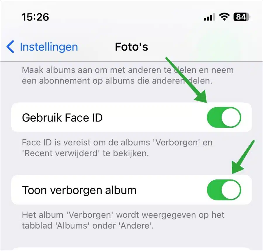 Gebruik Face ID bij openen verborgen album uitschakelen