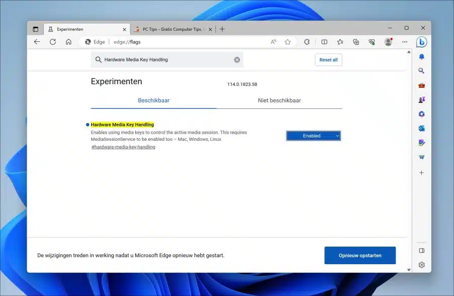 Hardware Media Key Handling experimentele functie in Microsoft Edge