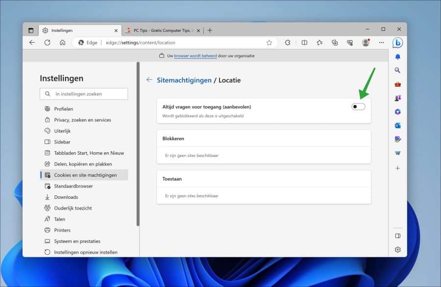 Locatie sitemachtiging uitschakelen in Microsoft Edge