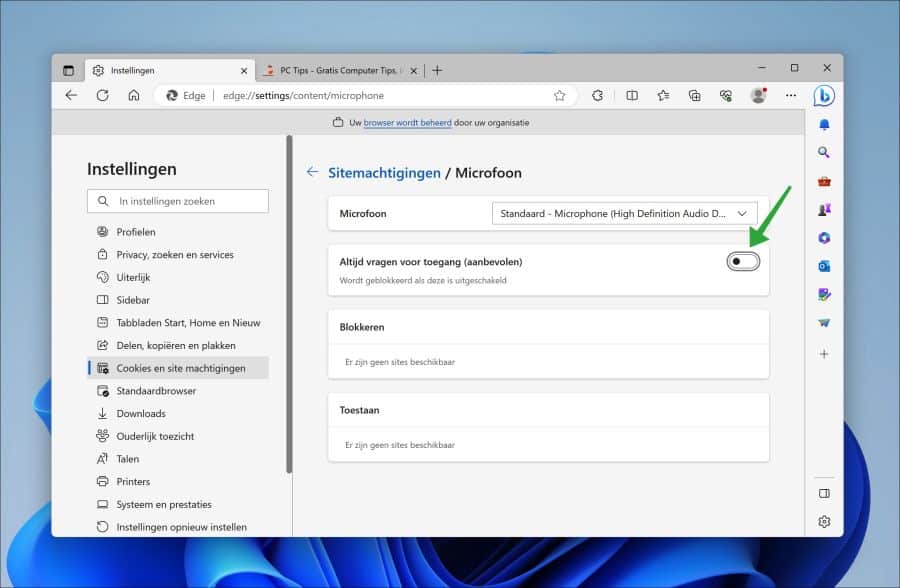 Microfoon sitemachtiging uitschakelen in Microsoft Edge