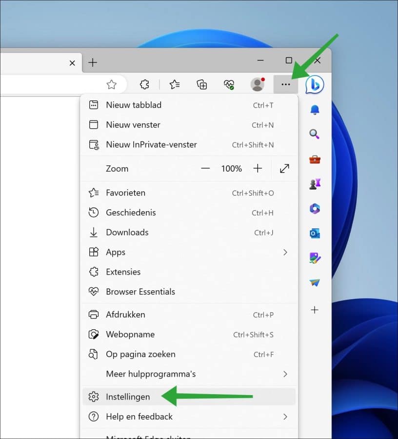 Microsoft Edge instellingen openen