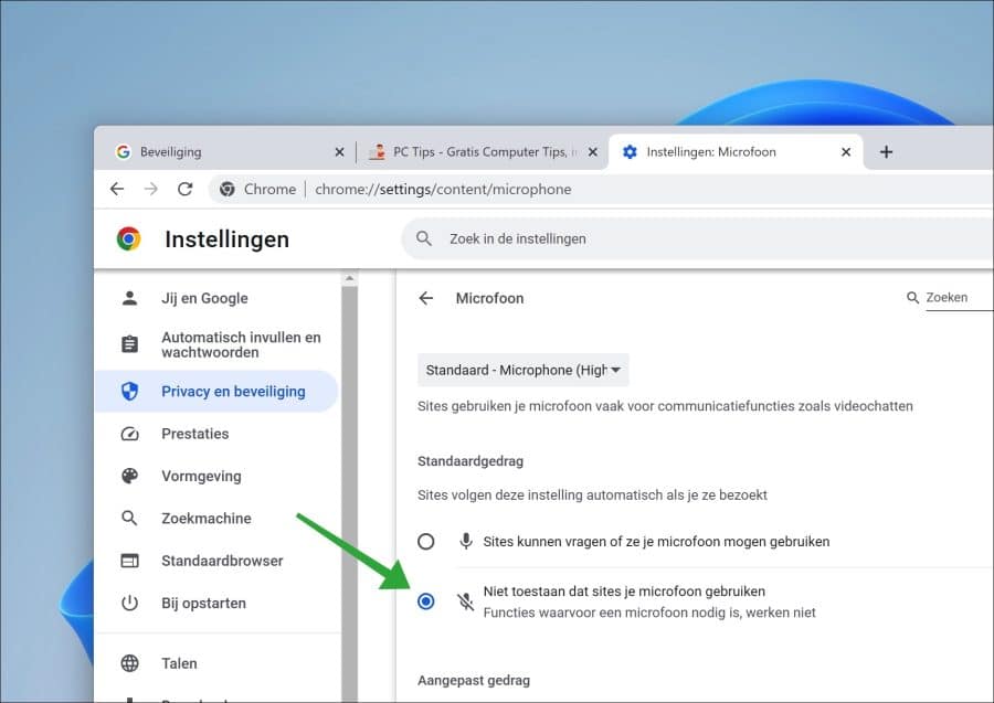 Niet toestaan dat sites je microfoon gebruiken