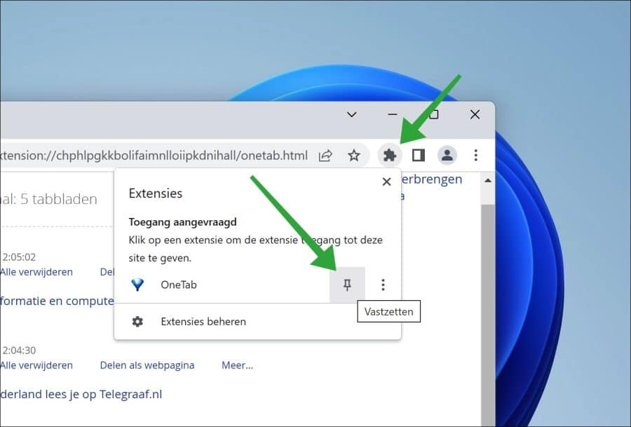 Onetab vastmaken aan menubalk in Chrome