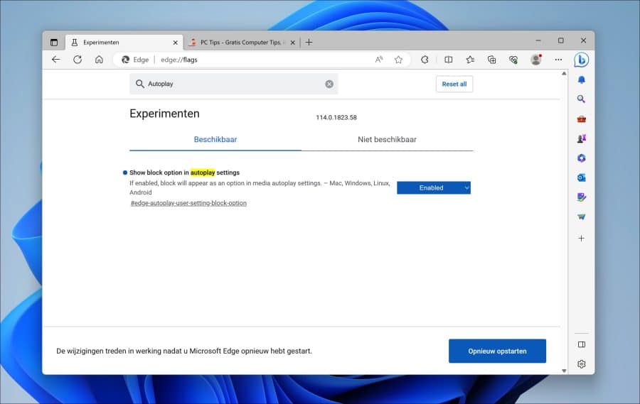 Show block option in autoplay settings experimentele functie in Microsoft Edge