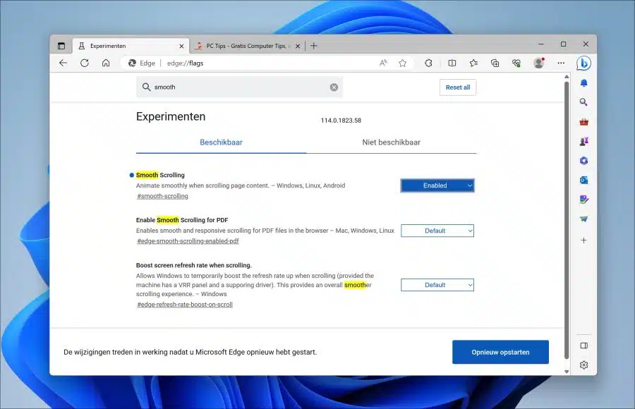 Smooth Scrolling experimentele functie in Microsoft Edge