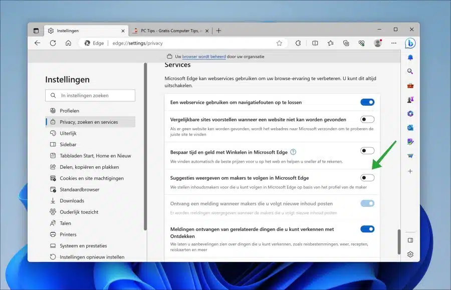 Suggesties weergeven om makers te volgen in Microsoft Edge