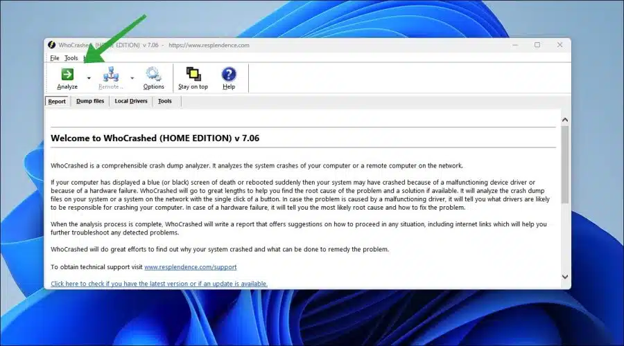 Vastloper analyse uitvoeren met WhoCrashed