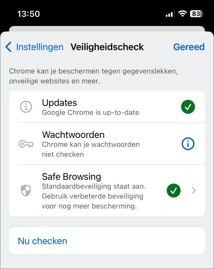 Veiligheidscheck in Chrome op iPhone of iPad