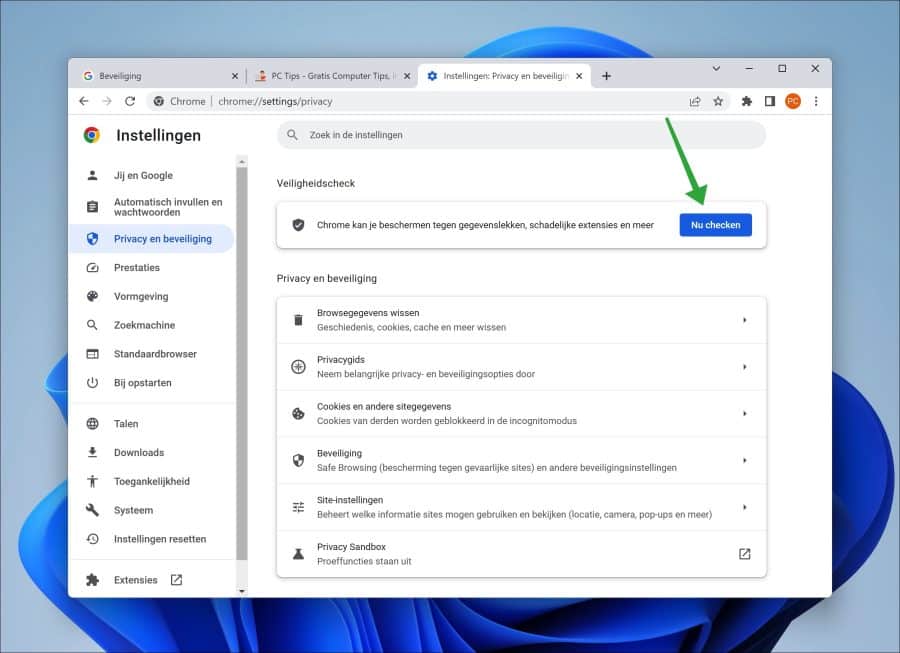 Veiligheidscheck in Google Chrome