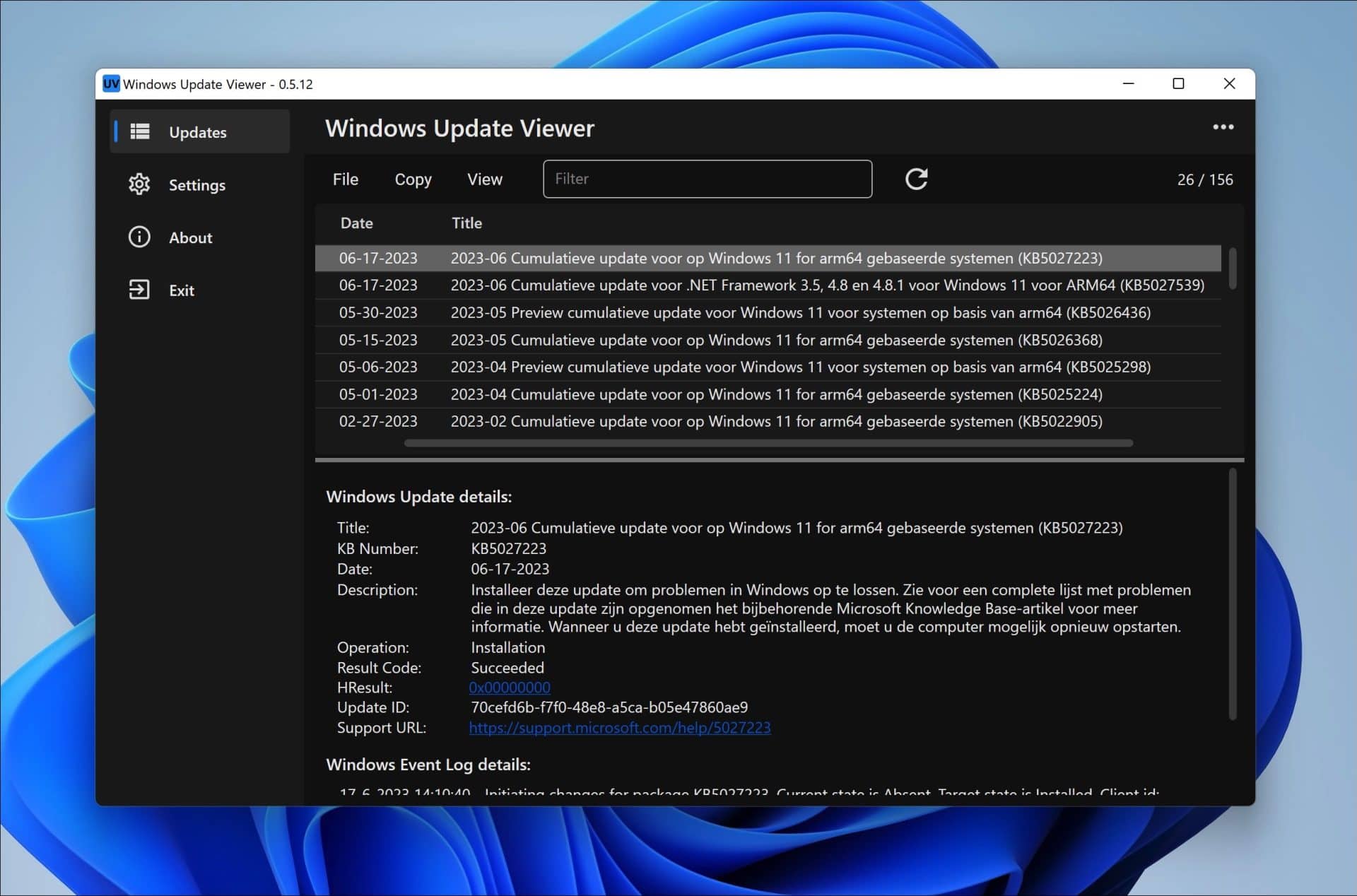 Bekijk de Windows update installatiegeschiedenis met WUView