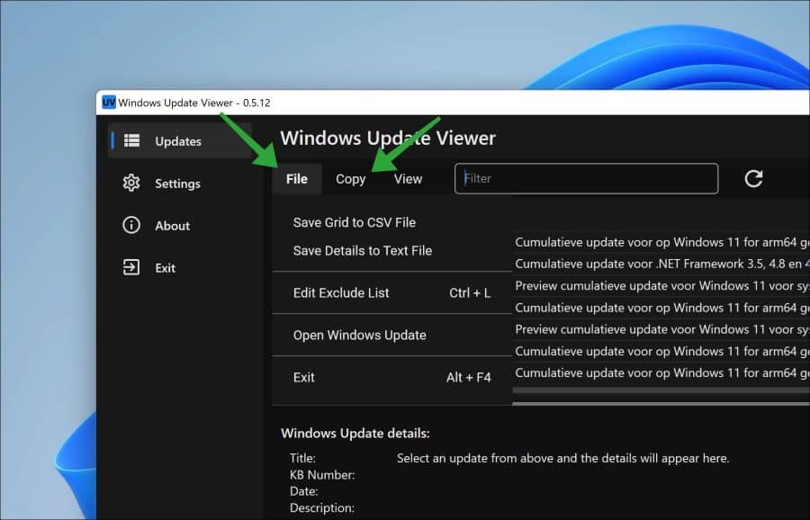 Windows update viewer export results