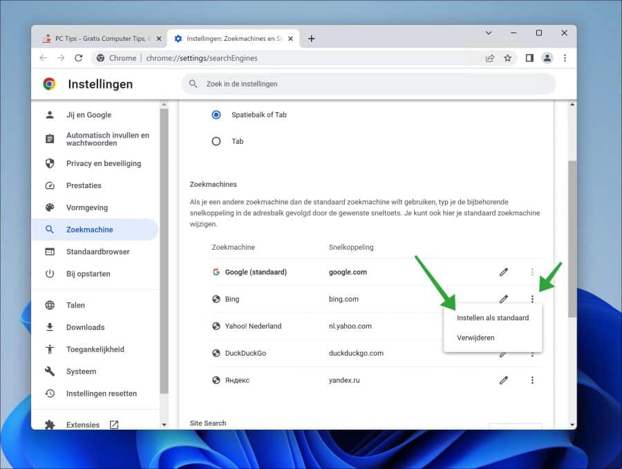 Zoekmachine wijzigen in Google Chrome