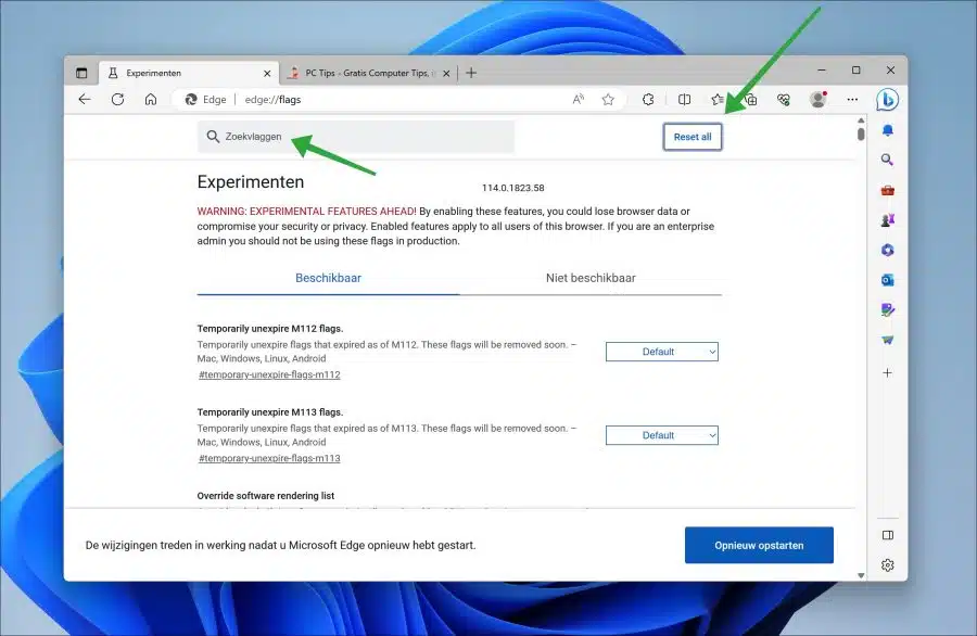 zoeken naar experimentele functie in Microsoft Edge verborgen instellingen