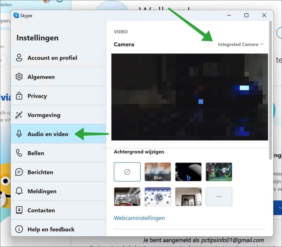 Camera wijzigen in Skype app