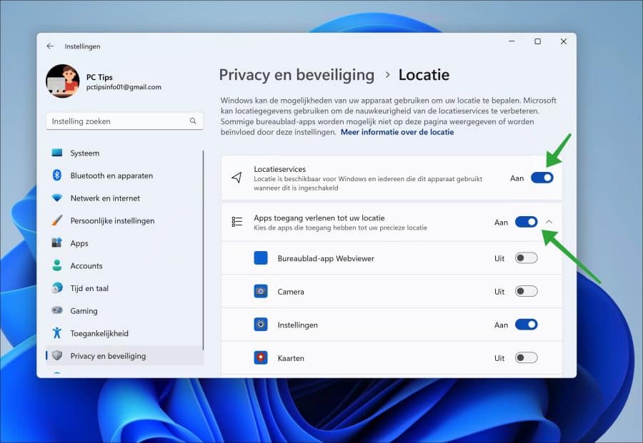 Locatieservices en apps toegang verlenen tot uw locatie inschakelen in Windows 11