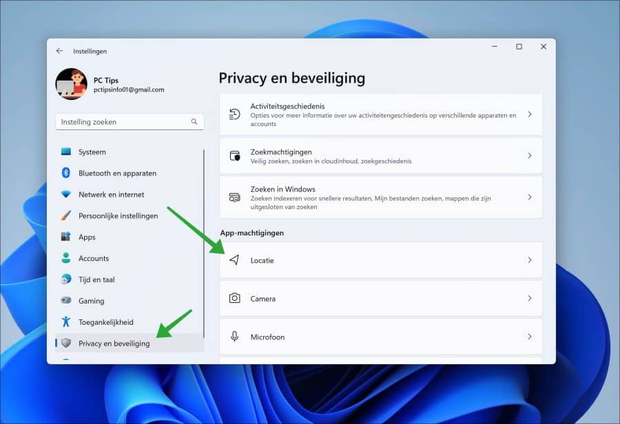 Locatieservices instellingen in Windows 11