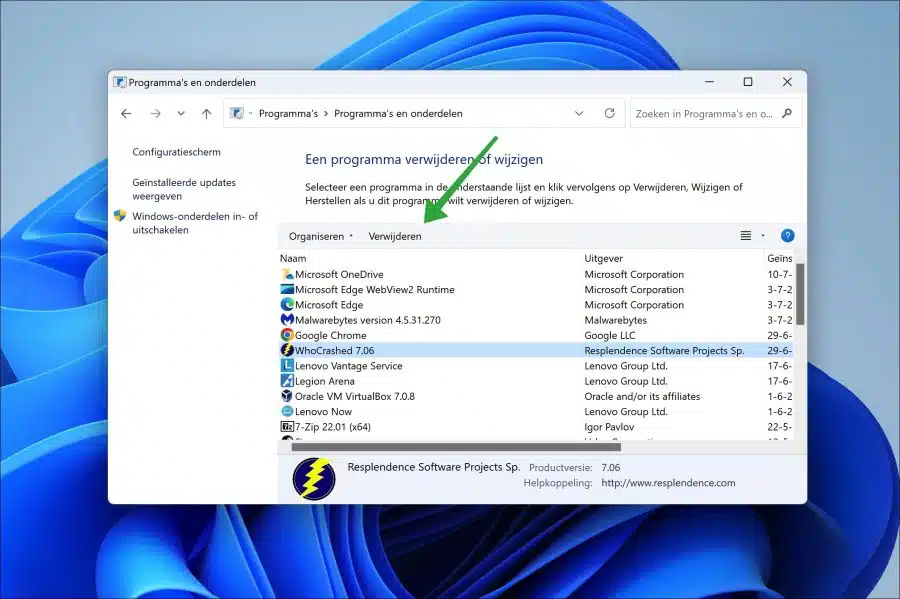 Microsoft Store app verwijderen via configuratiescherm