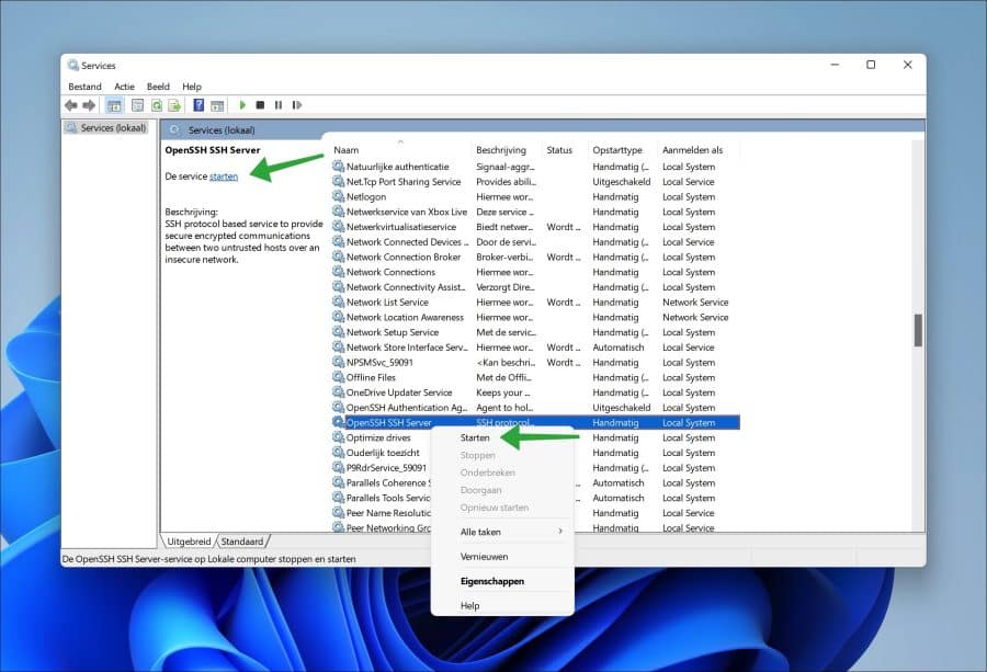 OpenSSH server starten in Windows 11