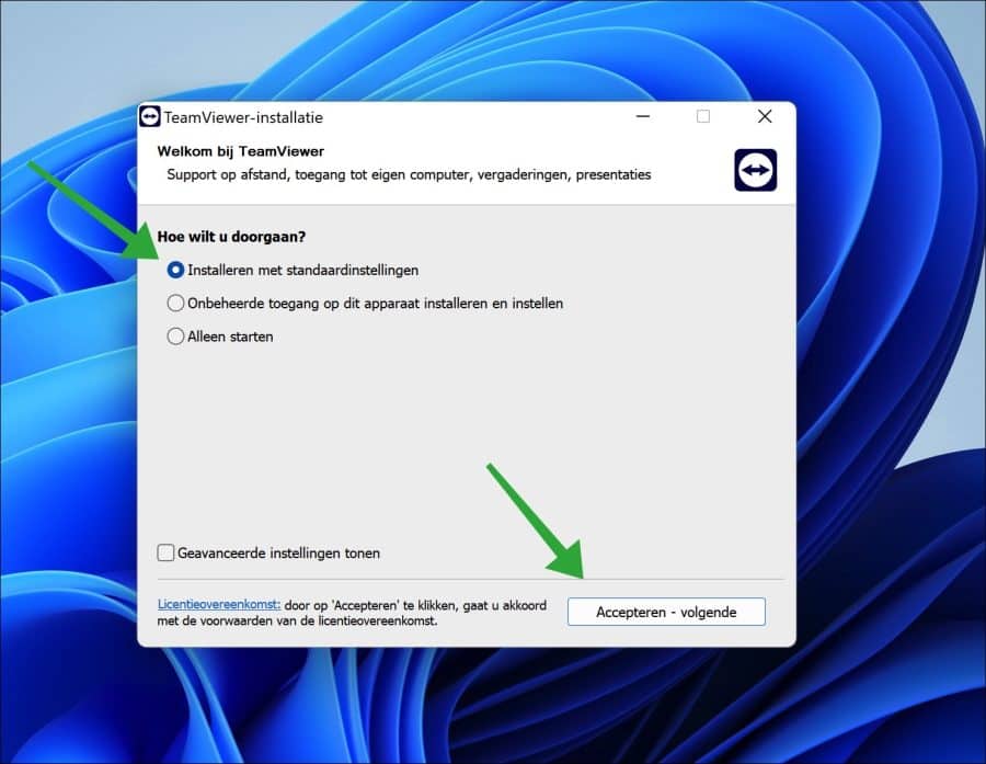 Teamviewer installeren met de standaardinstellingen