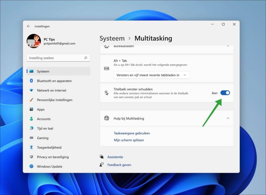 Titelbalk venster schudden inschakelen in Windows 11
