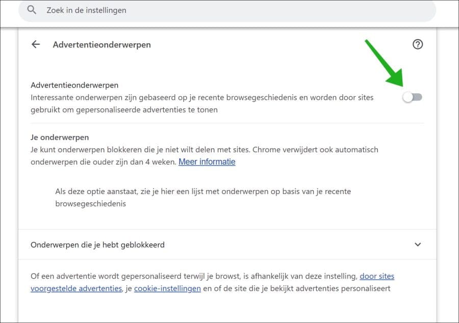 Advertentieonderwerpen uitschakelen in Google chrome