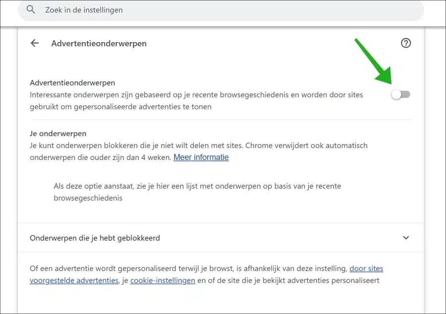 Advertentieonderwerpen uitschakelen in Google chrome
