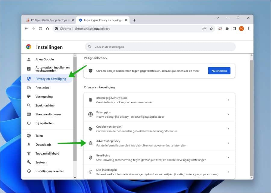 Advertentieprivacy instellingen in Chrome browser