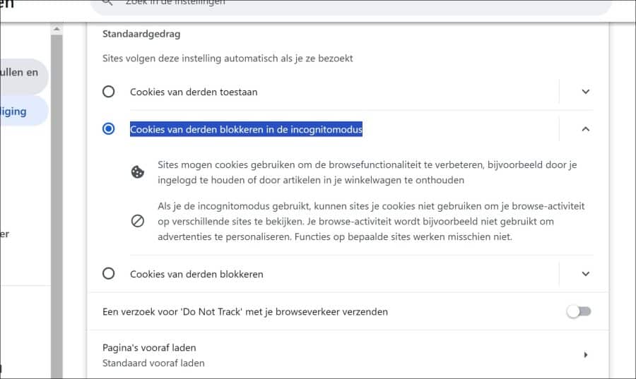 Cookies van derden blokkeren in de incognitomodus